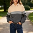 thumbnail image 5 of Girls Color Block Hooded Sweatshirt, Long Sleeve Pullover Hoodie with Front Kangaroo Pocket, Kids Loose Casual Striped Patchwork Tops for Spring Fall Khaki 11-12 Years, 5 of 6