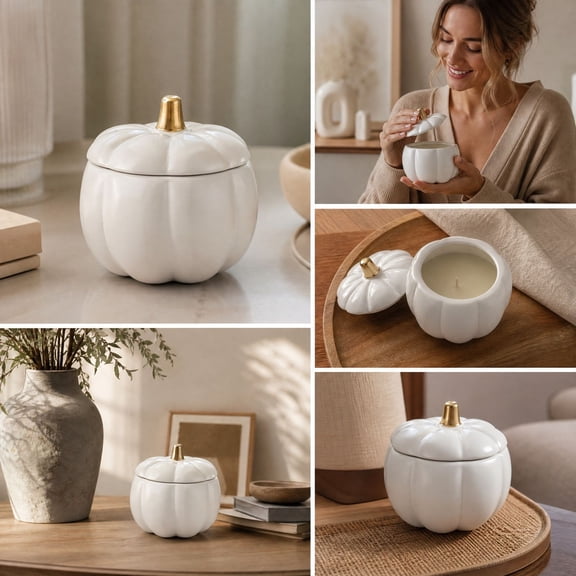 Dalxymotic Halloween Pumpkin Candle Jar, White Ceramic Pumpkin-Shaped Canister, Thanksgiving Fall Gold Lid Decor, Halloween Pumpkin Candle Decoration for Home, Table, Mantel, Shelf