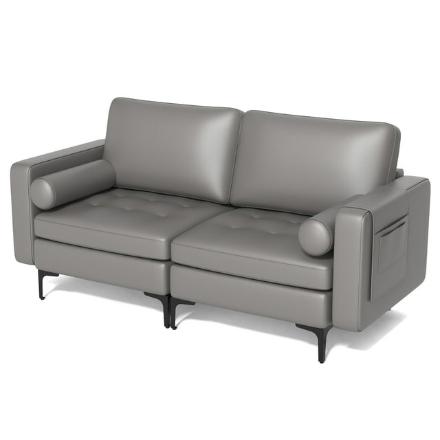 Costway Causeuse Moderne Canapé 2 Places avec 2 Coussins Cylindriques Poche de Rangement Latérale Gris