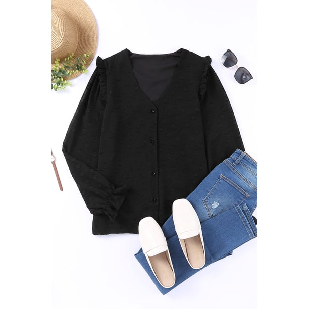 ABPHQTO Camisa transparente con textura de lunares suizos y cuello vuelto negro para mujer