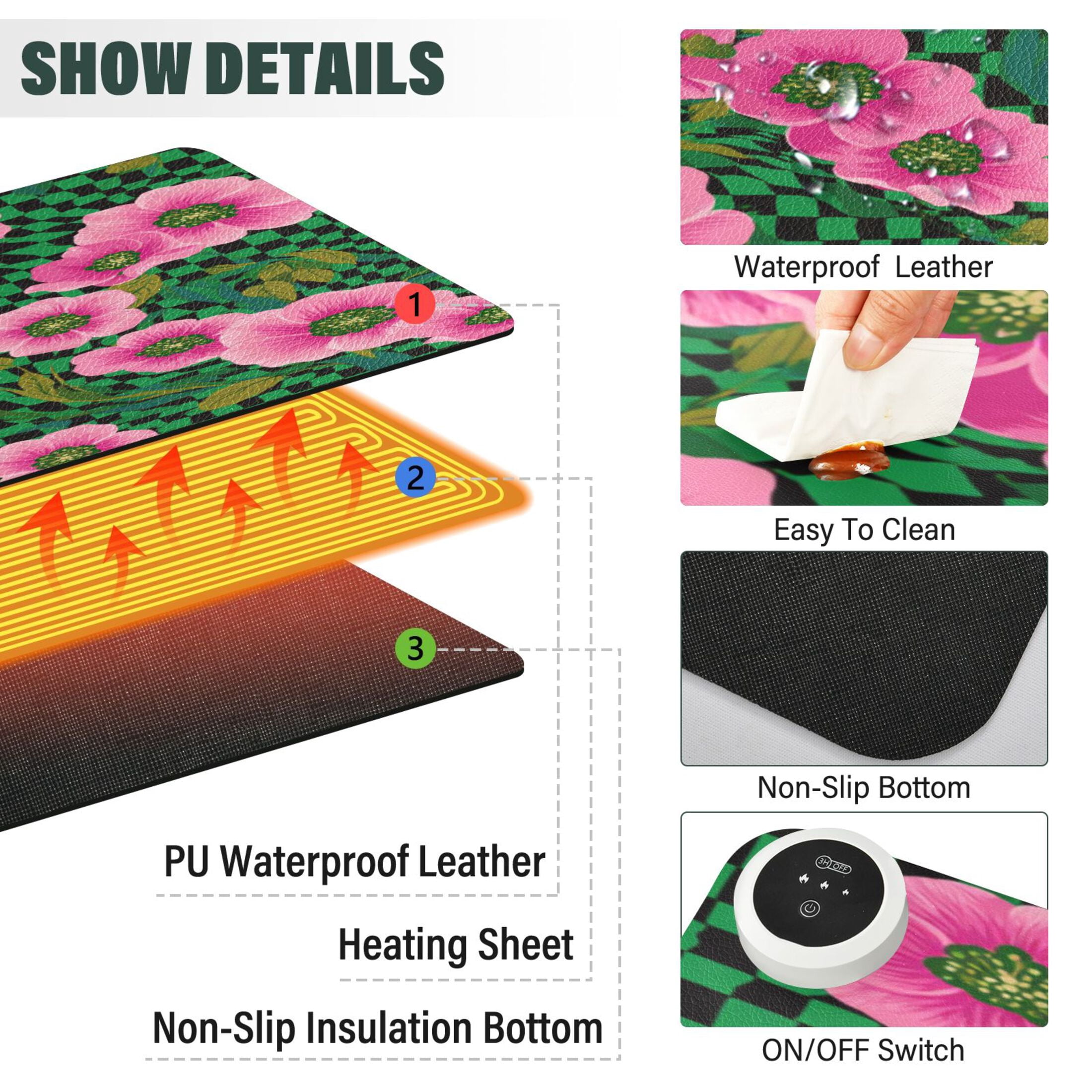 Large Heated Desk Mat Mouse Pad 31.5"x13"PU Leather Graphene Heating Desk Warmer with 3 Temperature Settings 110V US Plug Non-Slip Warm Pad for Home, Office, and Gaming Groovy Green and Pink Flowers
