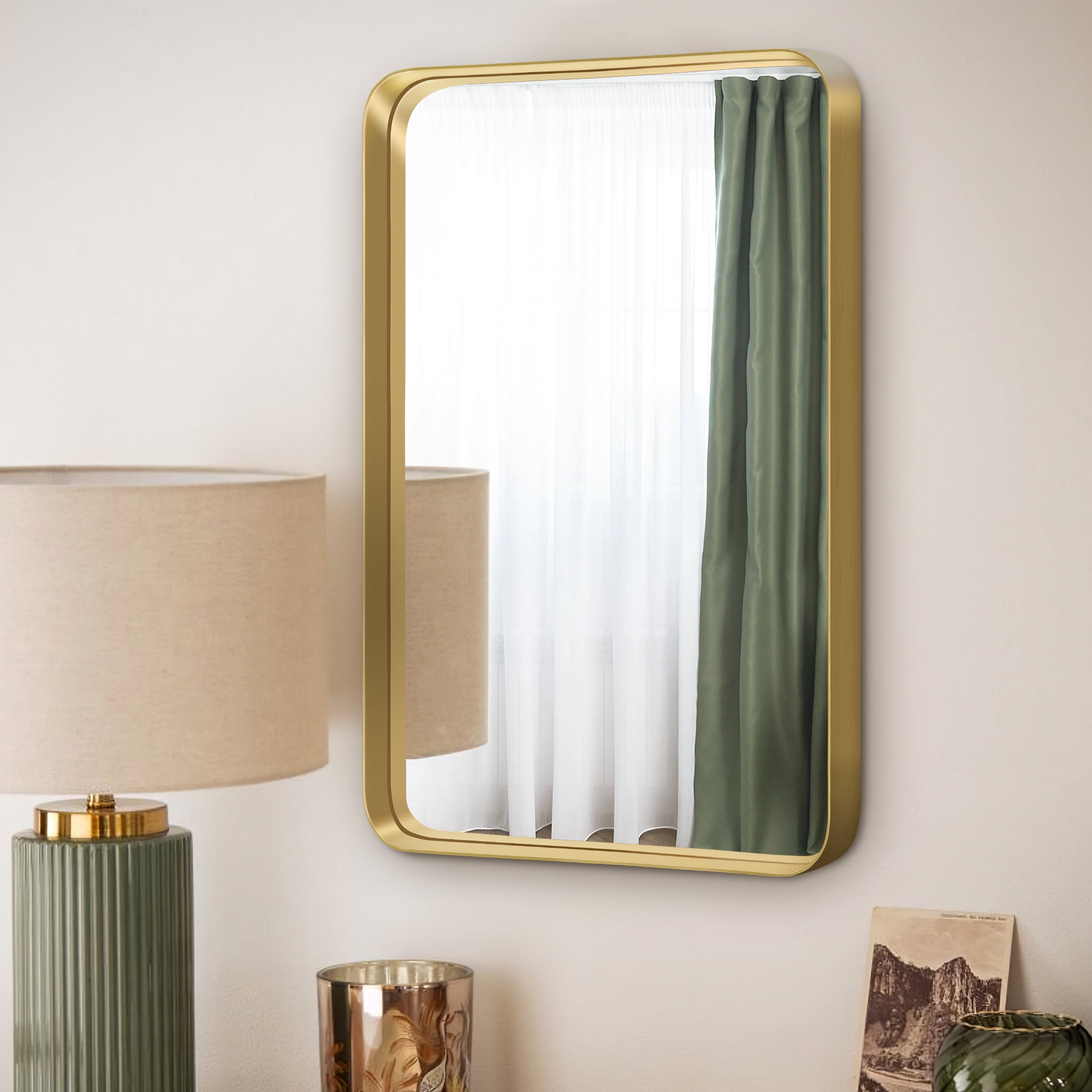 32"x22" Aluminum Alloy Wall Mount Rounded Corner Rectangular Mirror,Gold