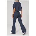 thumbnail image 4 of PISONIC Workout Sets for Women 2 Piece Round Neck Short Sleeve Crop Tops High Waist Flared Leggings Gym Sets, 4 of 6
