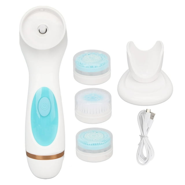 Cepillo facial eléctrico recargable de silicona para masaje y limpieza facial con cabezales.
