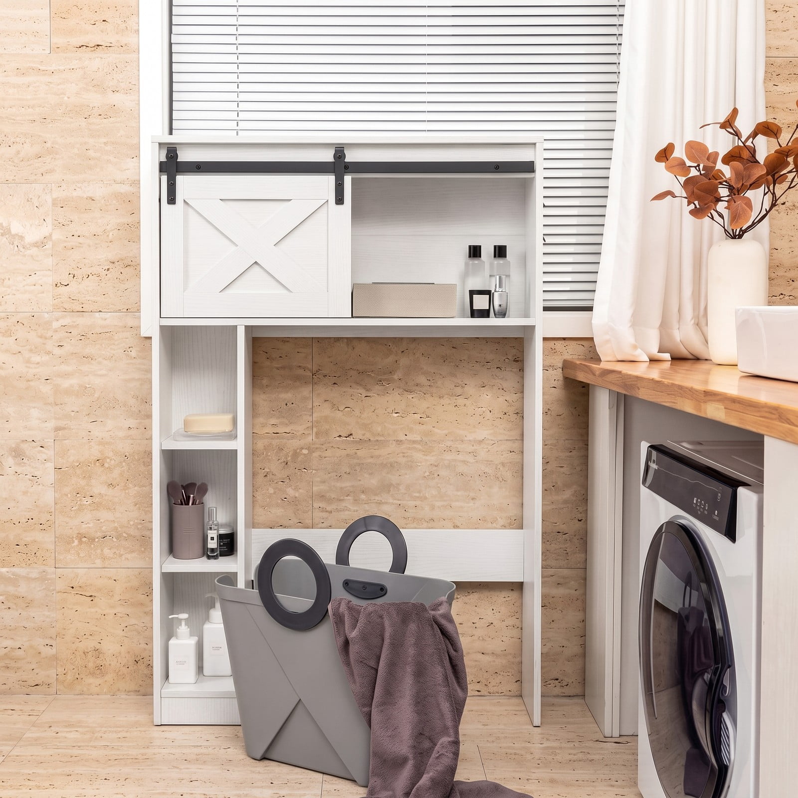 ALPULON 4-Tier Over the Toilet Storage Cabinet with Sliding Barn Door and Open Side Shelves for Bathroom and Laundry Room, White