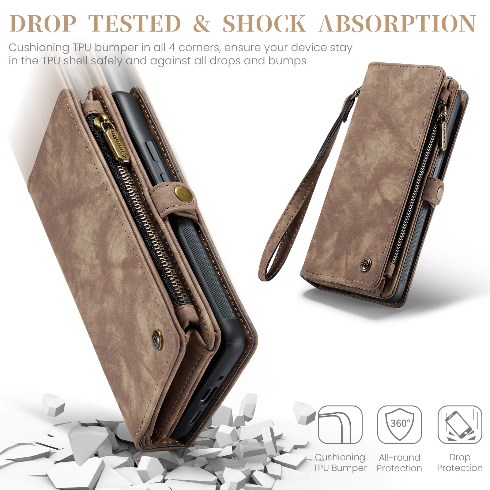 Feishell Durable 2- In-1 Magnetic Detachable Wallet Case for iPhone 16,for Women Men,Premium PU Leather Zipper Pocket Flip Multi Card Slots Purse Phone Case with Wrist Strap,Darkbrown