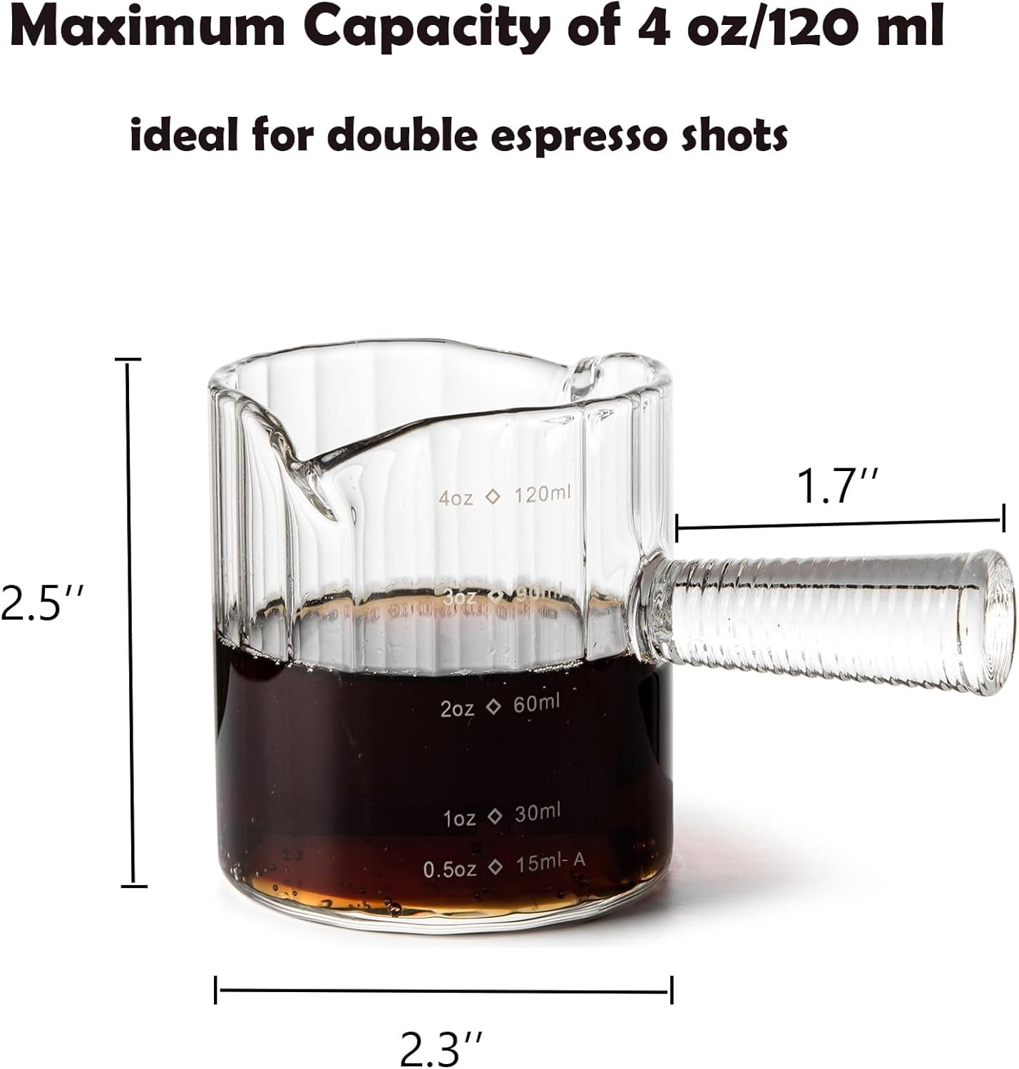 Espresso Cups Set of 2, 4 OZ Glass Double Spouts Cups, Shot Glasses, Milk Cup with Glass Handle for Dishwasher Safe, Espresso Accessories for Machine, Demitasse Cups, Small