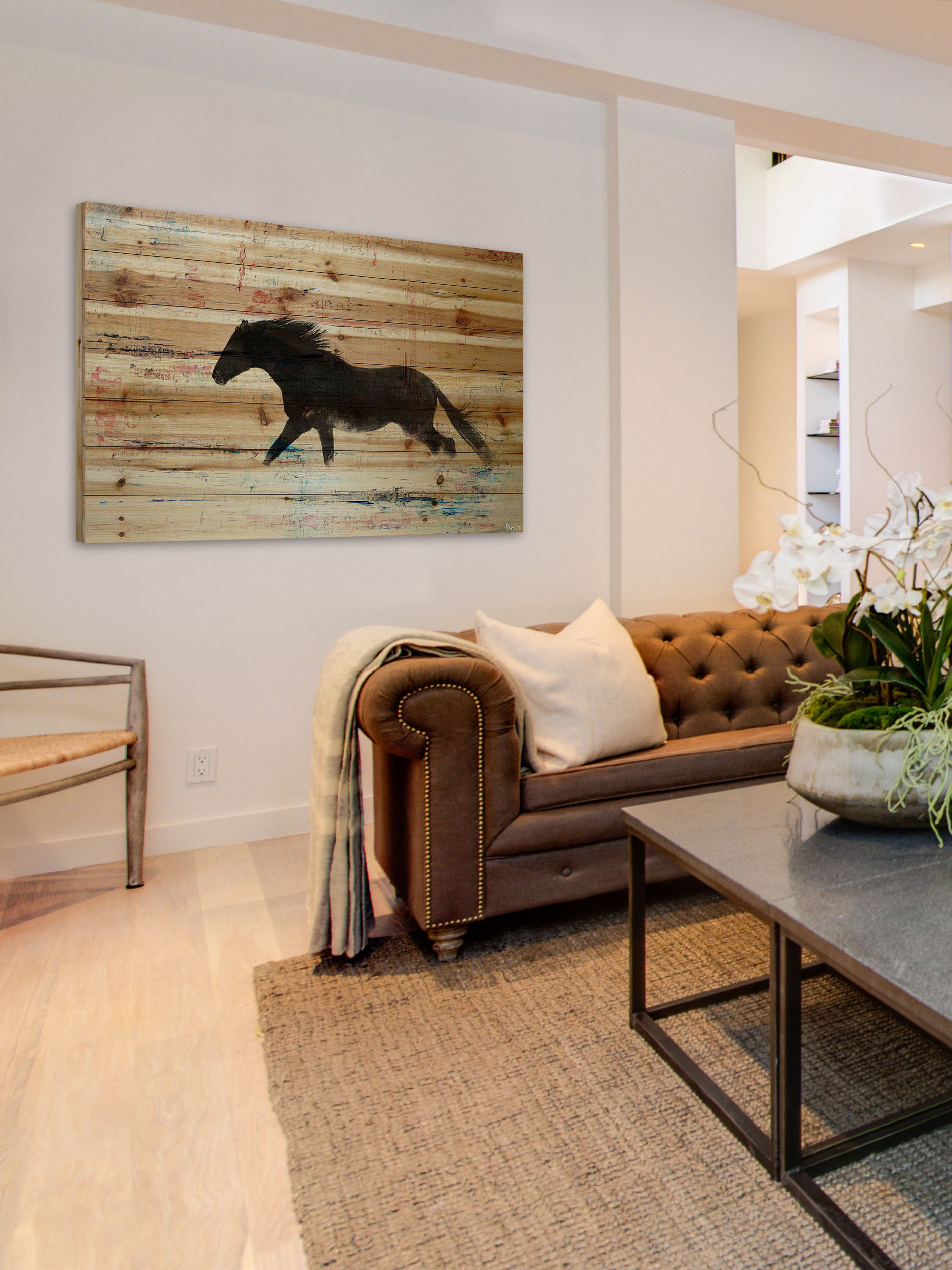 "Black Horse Stride" Painting Print on Natural Pine Wood