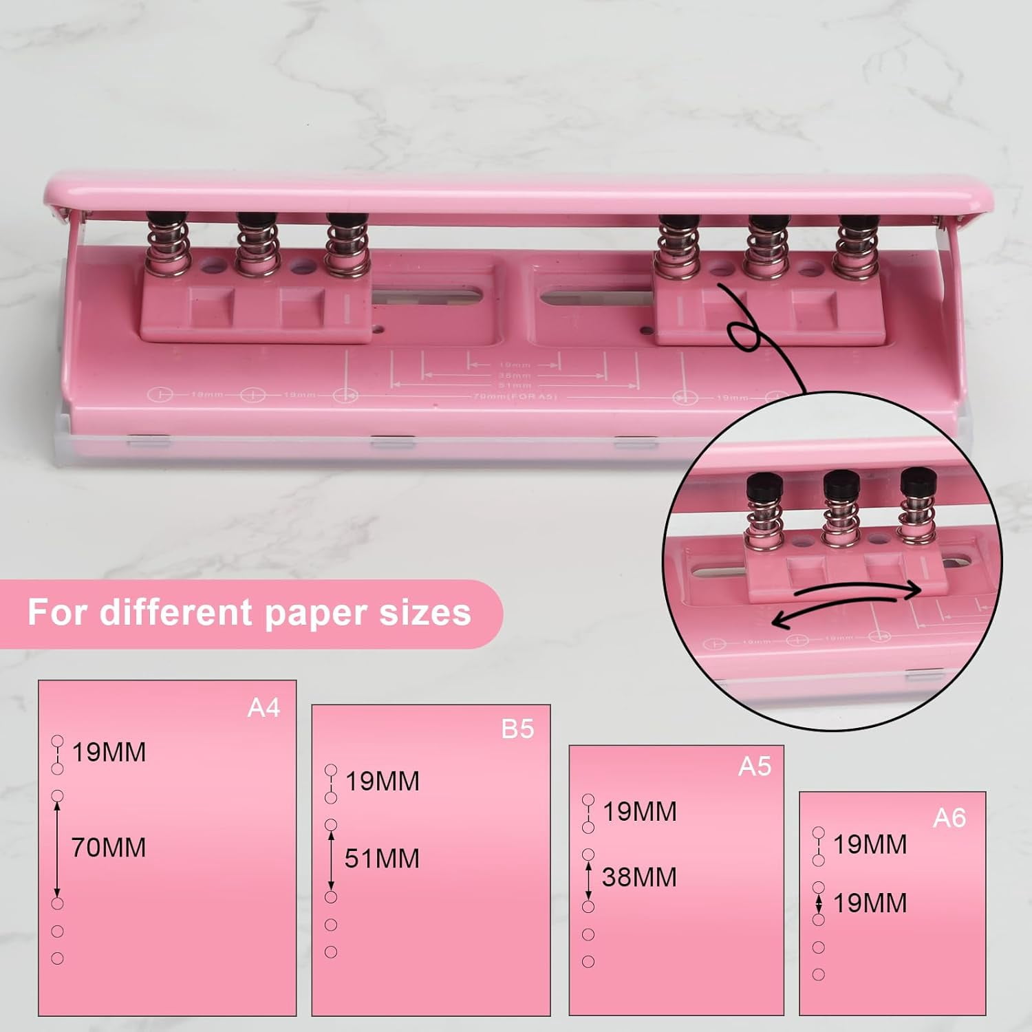 Adjustable 6-Hole Punch - Metal Hole Puncher for A4/A5/A6, Personal & Pocket Planners - 6-Ring Binder Puncher, Non-Slip Base, with Ruler & Hole Guide
