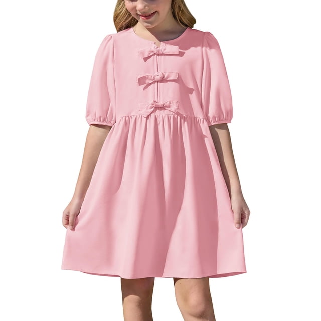 Yanlir Robe d'Été pour Filles, Couleur Unie, Manches Courtes, Col Ras du Cou, Taille Élastique, avec Poches, Décontractée et Confortable, Robe en Mélange de Coton pour Enfants (Rose#1, 7 Ans)