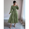 thumbnail image 5 of Autumn Women'S Long Sleeve Ruffled Round Neck Layered Flowing Wedding Guest Maxi Dress Army Green M, 5 of 7