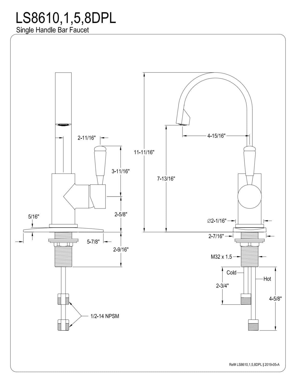 Kingston Brass LS8611DPL Paris Standard Mount One-Handle 1-Hole Deck Mounted Bar Faucet, Polished Chrome