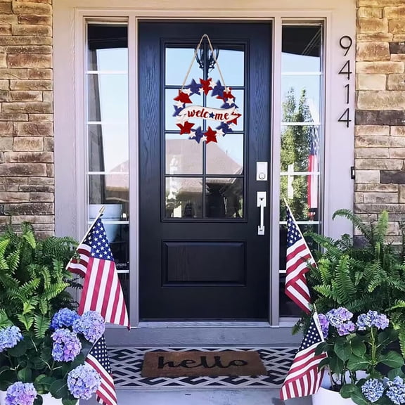 HengDidi 4th of July Patriotic Wooden Star Wreath - 12 Inch Red White Blue Front Door Hanging Decor for Independence Day, Home & Outdoor Celebration