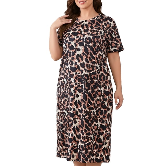 ValueVibe Plus Size Nightgowns for Women Short Sleeve Long Sleepshirt Crew Neck Casual Sleepdress, Leopard Print 3XL