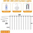 thumbnail image 2 of Cortina de luces LED de 200 ledes, color blanco cálido, 3 x 2 m, USB, 8 modos, cadena de luces LED con 10 ganchos, mando a distancia, temporizador, brillo ajustable, para interior y exterior, 2 of 7