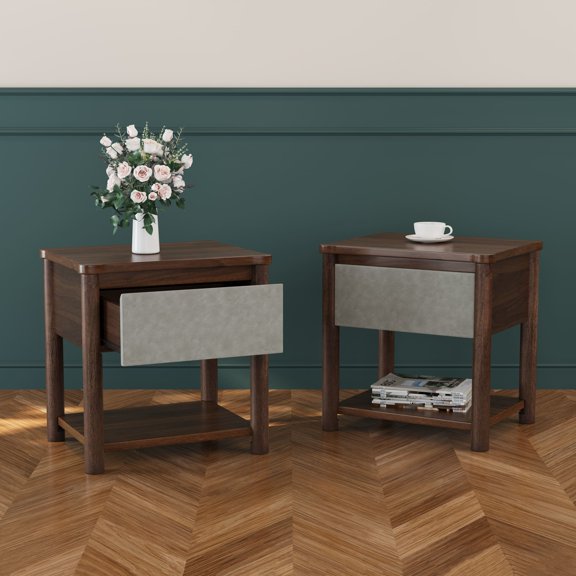 Christopher Knight Home Wood Nightstands with Drawer, Modern Farmhouse Bedside Tables, Set of 2, Walnut Light Gray