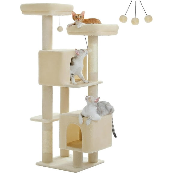 PINDEE Cat Tree for Large Cats with Super Large Top Perch,52.4" Multi-Level Tower for Indoor Cats with Hammock, Cat Shelves with Scratching Posts and 2 Condos Houses, Beige