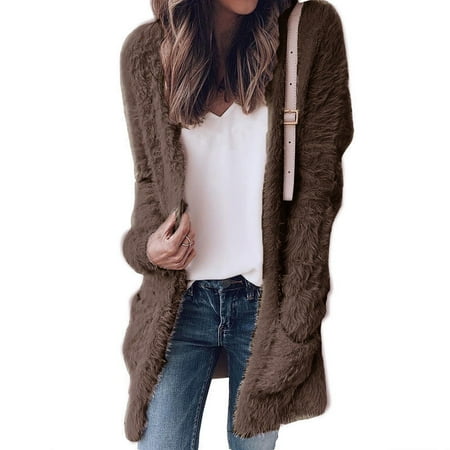 

Women Spring Jacket Solid Color Fluffy Cardigan Loose Long Sleeve Coat Side Pockets Wild Fashion Fall/Winter Outerwear