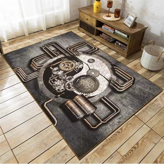 Retro Punk Steam Area Rug,Steampunk Gear Technology Rug, Mechanical Clock Gear Detail Distressed Rug, Suitable For Living Room, Bedroom, Bathroom Non-Slip Easy Care Floor Mat