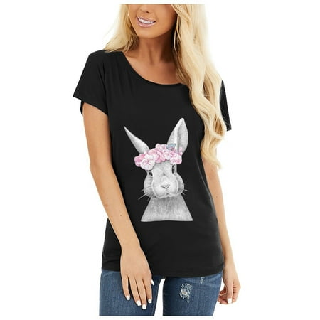 

Ziloco Short Sleeve V-Neck Blouses & Shirts Black Corset Top Women O-Neck Bunny Print T-shirt Easter Short Sleeve Casual Loose Blouse T-Shirts