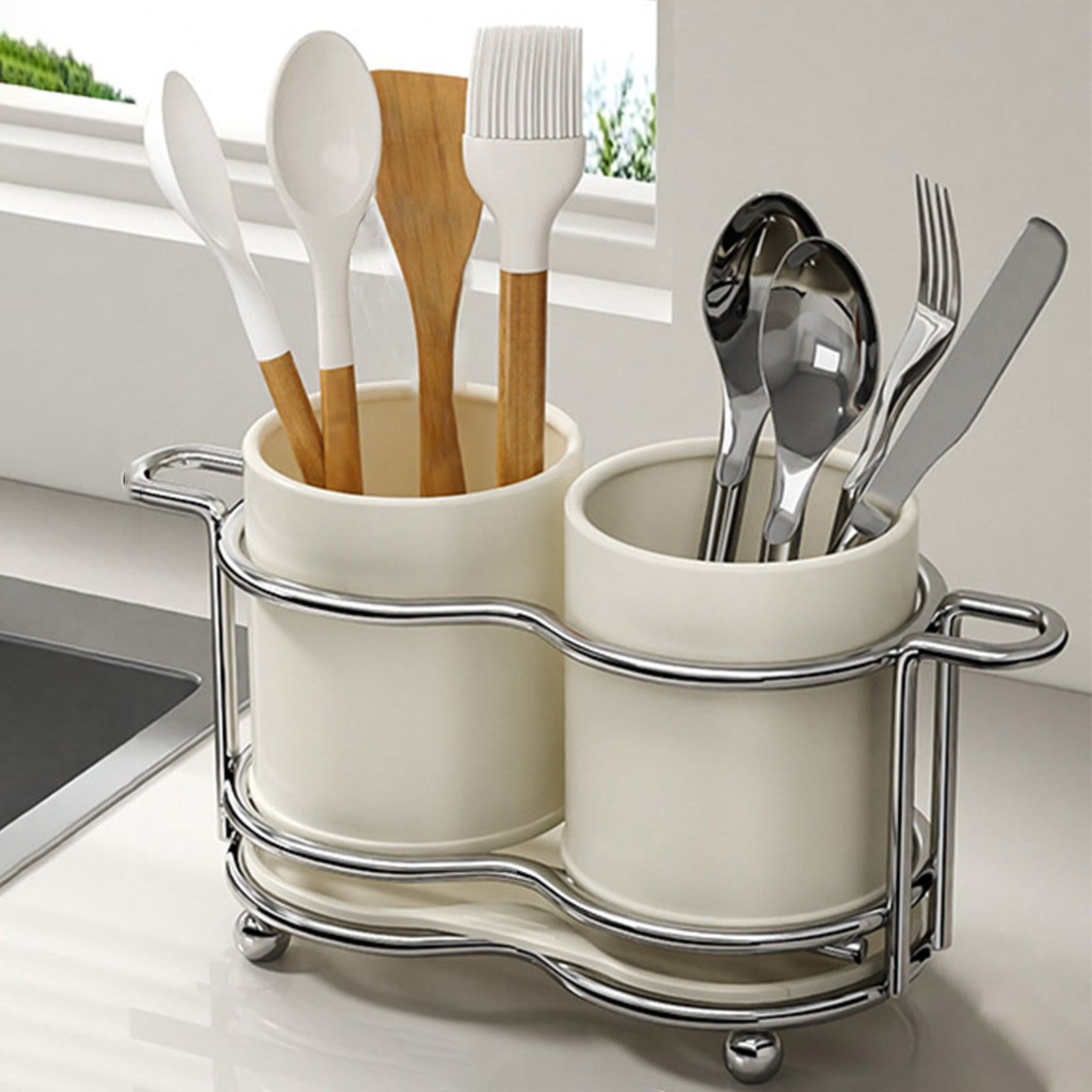 AYktou Metal Utensil Holders, Kitchen Countertop Silverware Organize Tool Stand, Tableware Storage Bucket Spoon Holders with 2 Compartments, Knife Fork Draining Rack Tool Caddy Cutlery Organizer