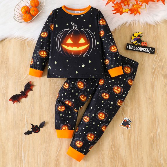 RUTAYY Boys Pajama Set Long Sleeve Contrast Crew Neck Long Pants Halloween Pumpkin Star Print 2 Piece Kids Sleep Outfit Black