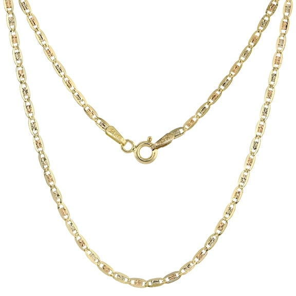 Solid 14K Tri-color Gold 2mm Star Diamond Cut Chain Necklace for Women Sparkling Flat Links 16 inch