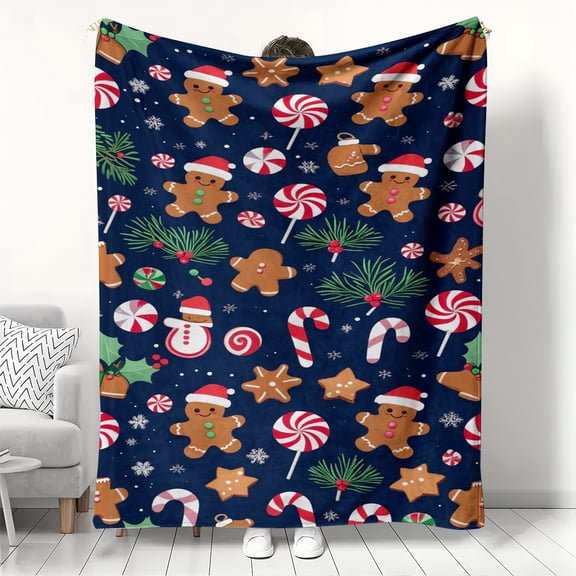 Christmas Gingerbread Man & Candy Pattern Fleece Blanket Navy Blue Festive Throw Blanket for Couch Bed Lounging Ideal Gifts