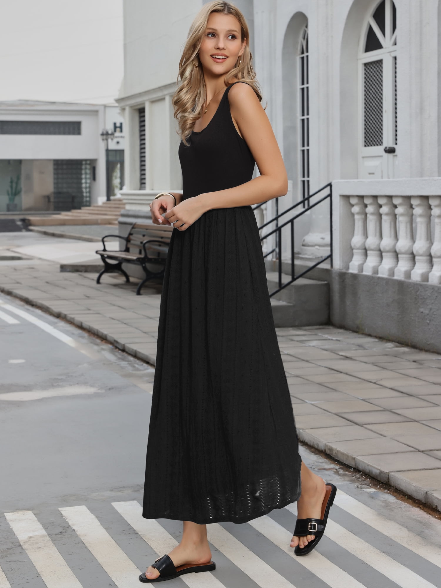 DARING DIVA Women's Square Neck Sleeveless Casual Beach Flare Maxi Dress S Black