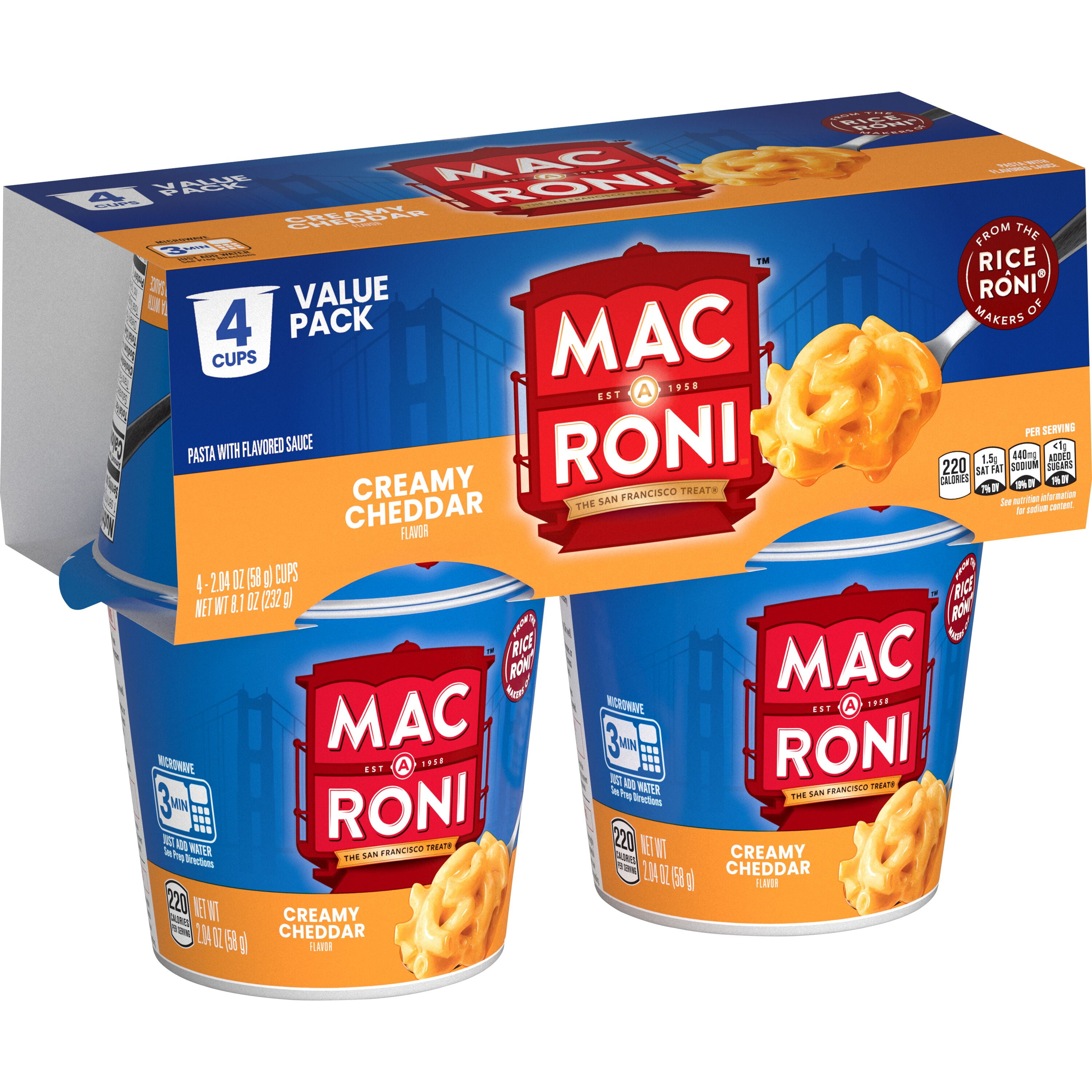 Mac A Roni Pasta with Flavored Sauce Creamy Cheddar, 2.04 oz 4 Count Cups