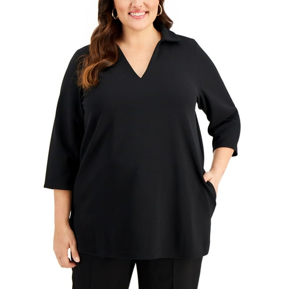 Alfani Plus Size 3/4 Sleeve Collared Tunic Top Deep Black 3X
