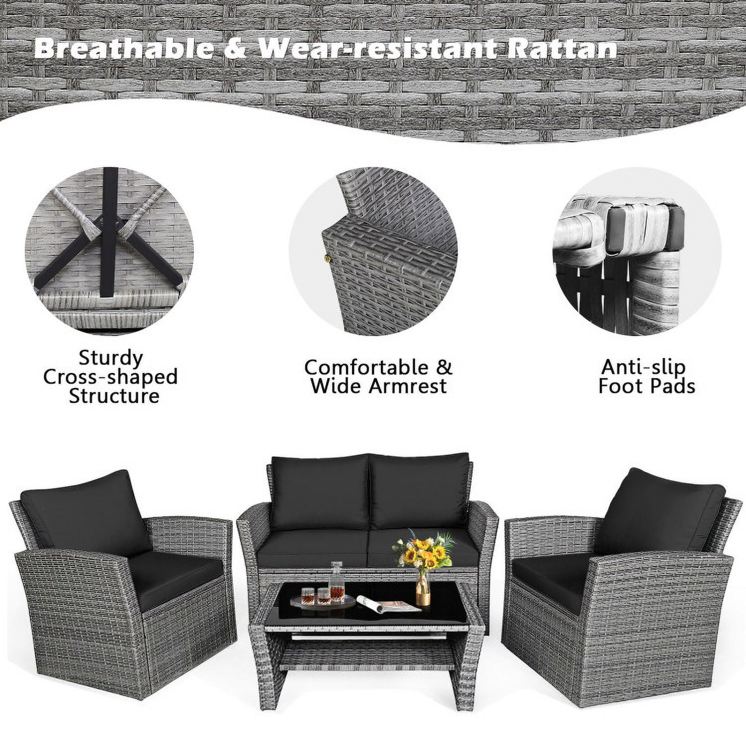 Aimee Lii 4 Pieces Wicker Patio Furniture Set Sofa Table with Storage Shelf Cushion, Modern Patio Furniture, Black Aimee Lii 4 Pieces Wicker Patio Furniture Set Sofa Table with Storage Shelf Cushion, Modern Patio Furniture, Black