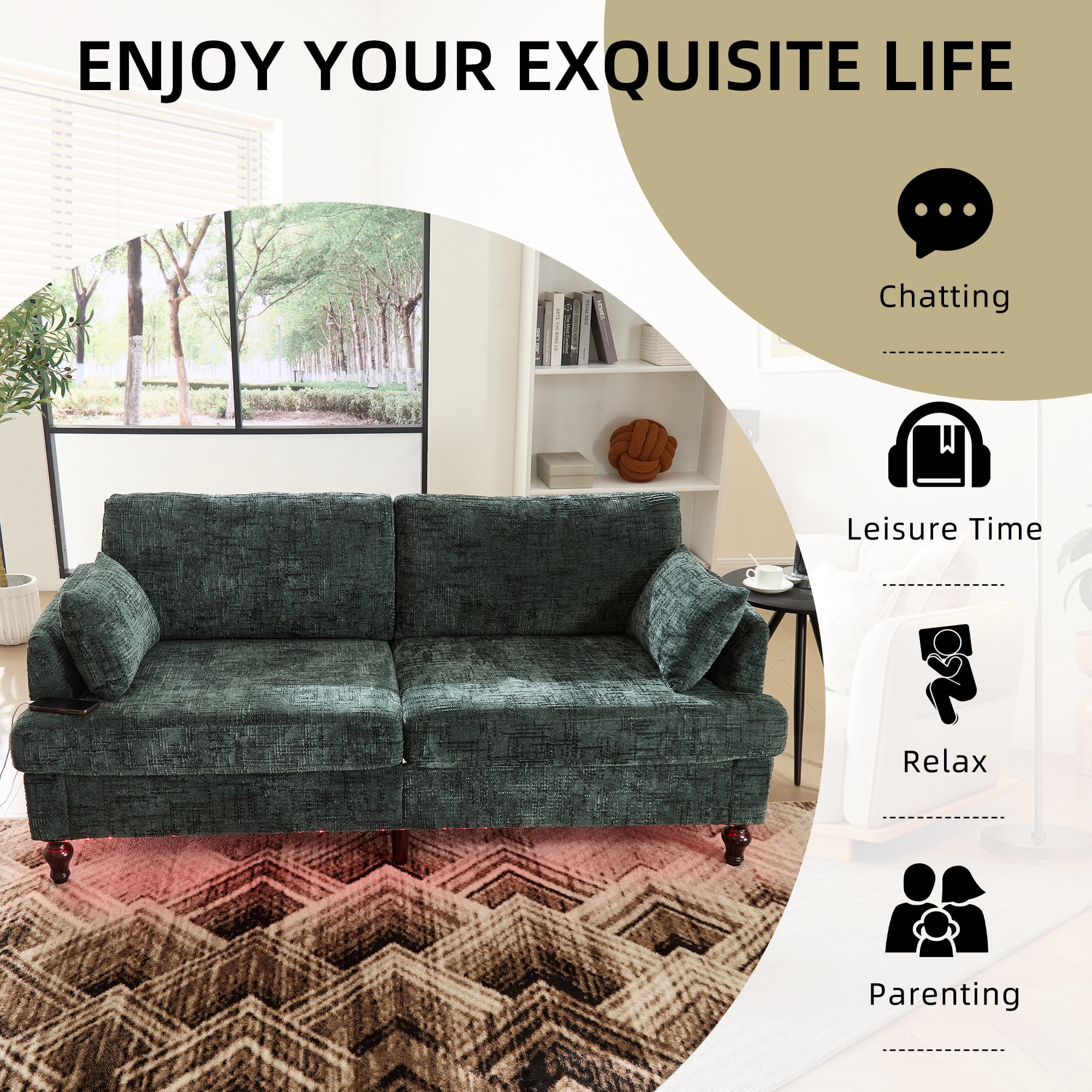 MOONMISS Chenille Upholstered Mid Century Modern Wood Frame Loveseats Sofa with LED light,USB and Side Pocket-Emerald