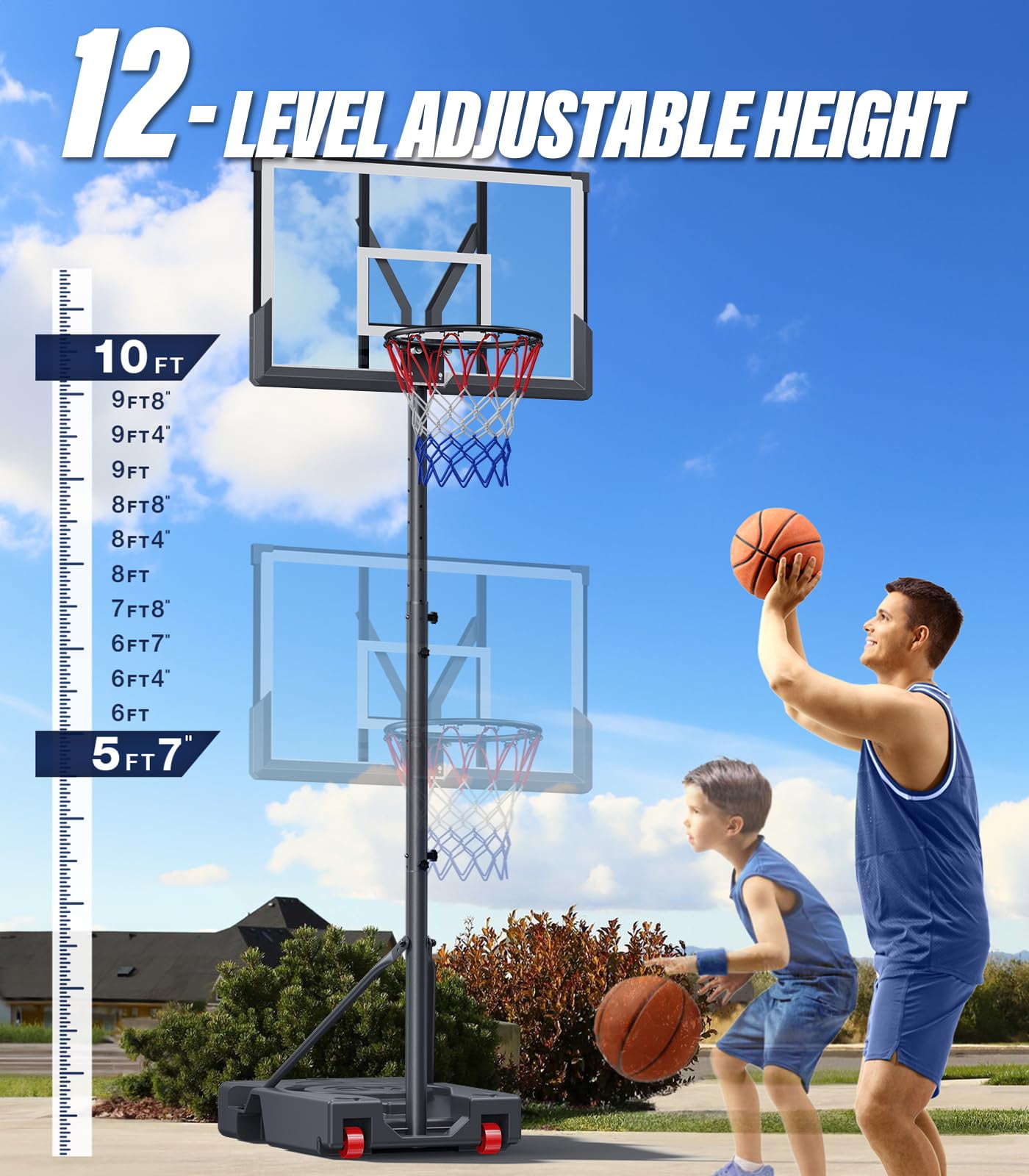 SinCiDo Adjustable Portable Basketball Hoop, 7.5-10FT Height-Adjustable Basketball Goal with 45" Shatterproof Backboard, Wheels for Indoor/Outdoor Use (Yard, Driveway, Court)