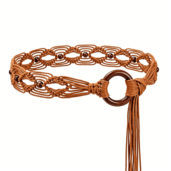 TELOLY Boho Braided Belt for Women Western Belt with Hand-Woven Wax Rope Country Tassel Belts for Dress,2"Wide