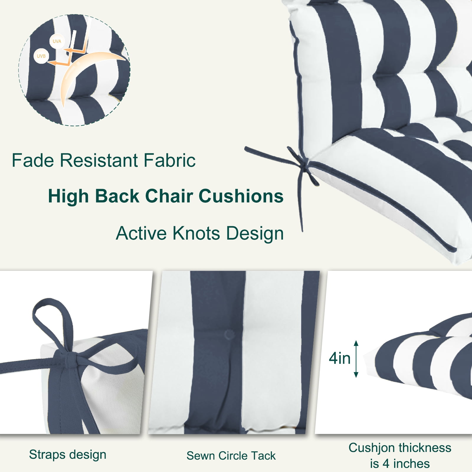 XXLYY Outdoor High Back Chair Cushions 2-Pack, 44”x22”x4” Waterproof Fade-Resistant Cushions with Ties for Adirondack & Rocking Chairs