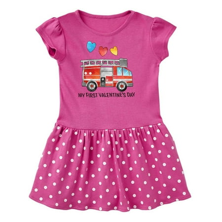 

Inktastic My 1st Valentine s Day Fire Truck with Hearts Gift Toddler Girl Dress