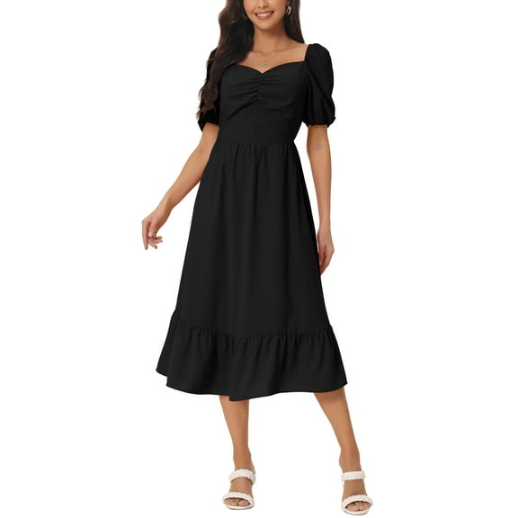 Seta T Women's Summer Dresses Casual Flowy Beach Square Neck Puff Short Sleeve Smocked Back Midi Dress with Pockets
