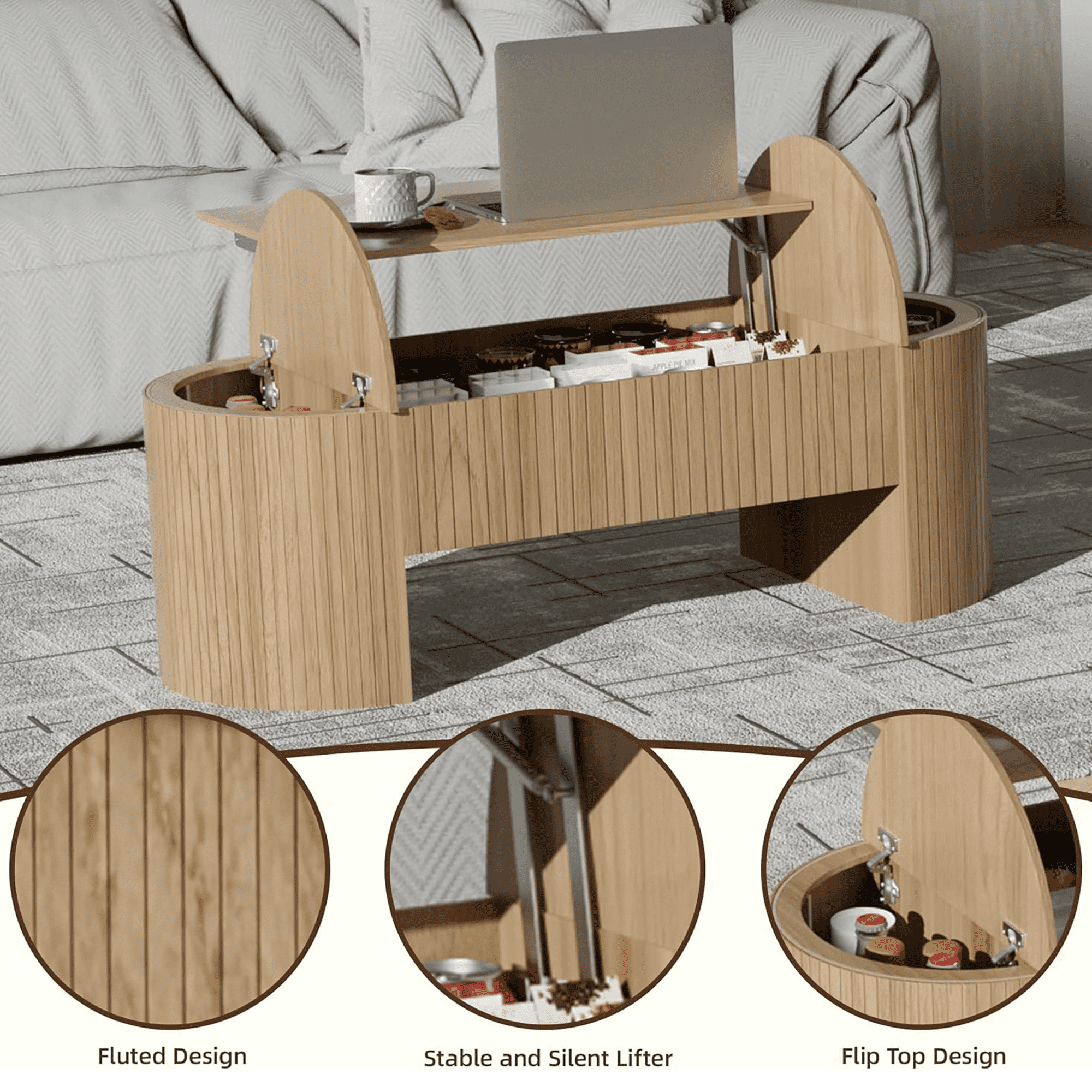 Diubas Oval Lift Top Coffee Table with Hidden Storage, Fluted Coffee Table Center Table for Home Living Room, Natural