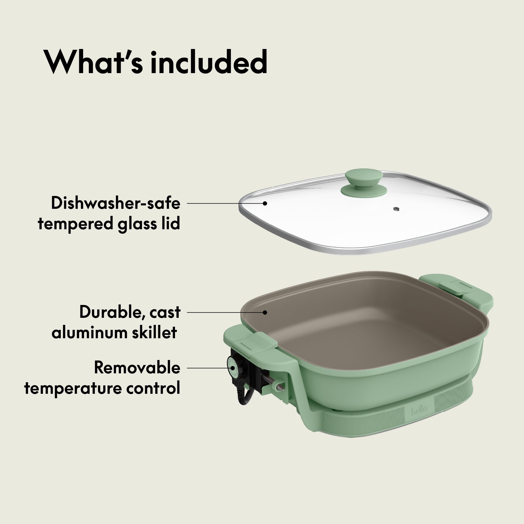 bella 12" Make & Take Electric Skillet with EverGood™ Ceramic Nonstick Coating, Adjustable Temperature, Dishwasher-Safe Glass Lid, Seaglass