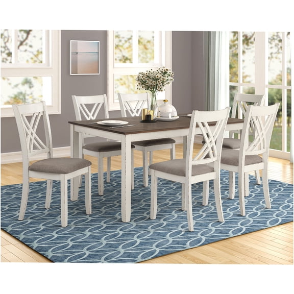 JERFIT 7-Piece Dining Table Set with 6 Upholstered Chairs, Farmhouse Rectangular Kitchen Table in Vanilla White and Light Brown for Dining Room