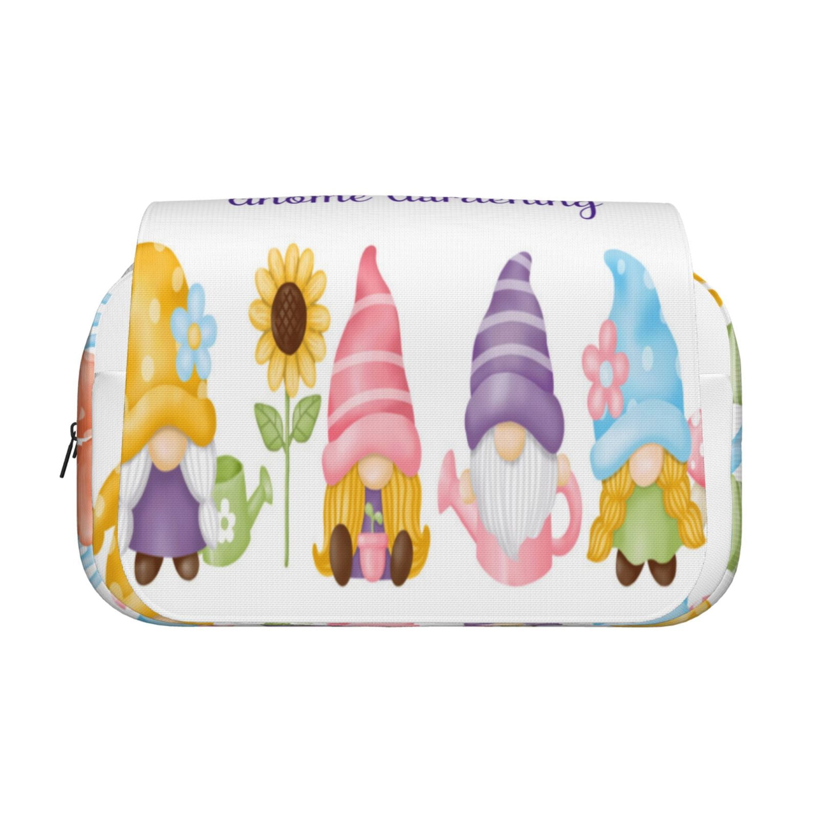 Rateoe Watercolor Gnome Garden Pattern Double Clamshell Pen Case, Storage Organizer with Two Zipper Compartments– Holds Up to 50 Pencils & Pens
