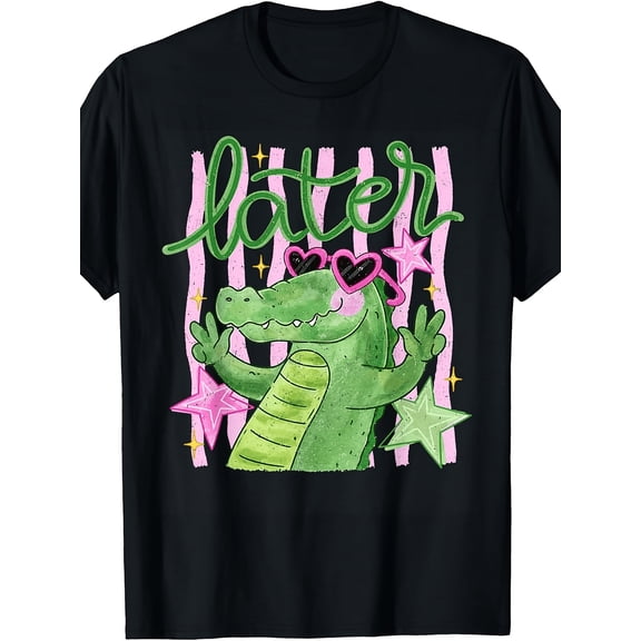 Funny Later Gator Alligator Graphic T-Shirt for Women, Cute Summer Animal Tee, Retro Cartoon Crocodile with Heart Sunglasses, Casual Crew Neck Short Sleeve Cotton Shirt