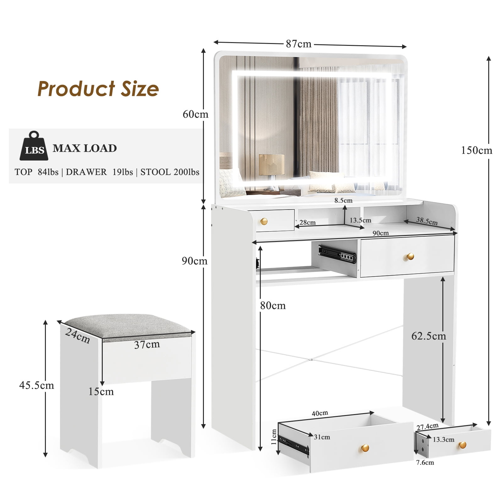 Vanity Desk with Mirror and Light, Vanity Dressing Table with Storage Bench, Charge Station, White