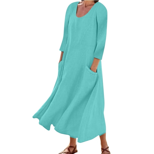 Vestido boho de manga 3/4 y cuello redondo con bolsillos para mujer - Color liso, corte holgado, vestido veraniego informal con estampado floral