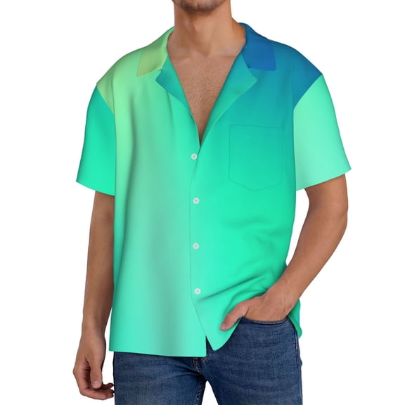 Logiee blue green colors Print Men's Button Down Shirts Short Sleeve, Summer Beach Shirts,Vacation Wedding Shirts,Men's Casual Button-Down Shirts with Pocket-Small