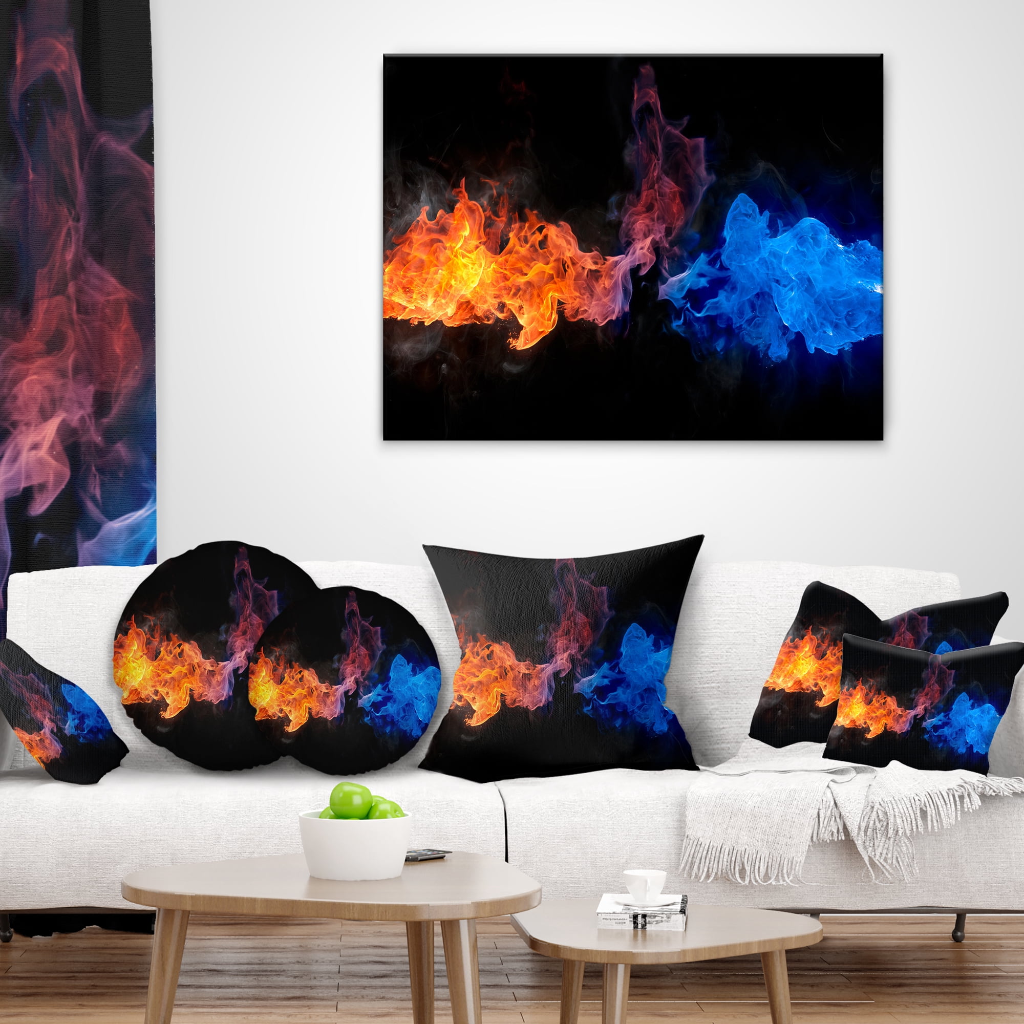 Designart Blue and Red Fire - Contemporary Throw Pillow - 16x16