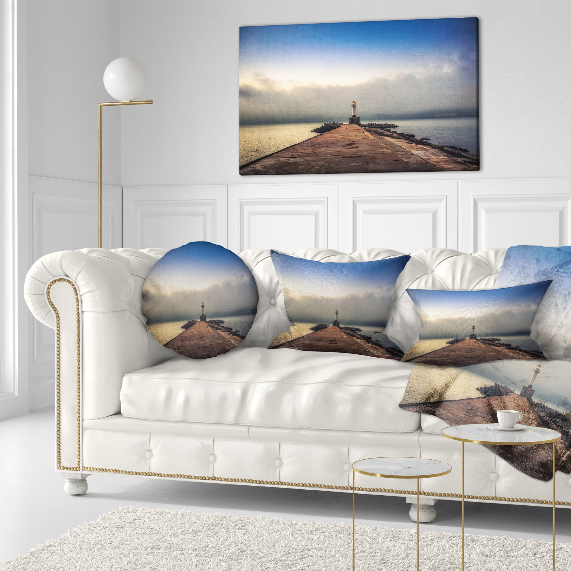 Designart Lighthouse on Coast and Cloudy Sky - Modern Throw Pillow - 12x20