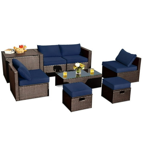 Canddidliike Patio Furniture Sets, 8 Pieces Patio Space-Saving Rattan Furniture Set with Storage Box and Waterproof Cover-Navy, Wicker Sofa Small Patio Conversation Couch for Garden, Poolside