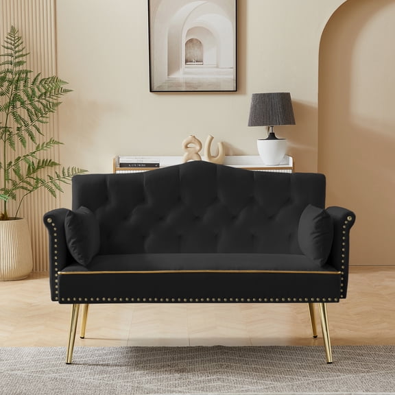 LifeSky 2 Seater Sofa with Storage Pockets for Apartment Living Room: 3s Clear Coffee Table Clutter - 52" Small Couch for Studio - Easy Assembly - Tufted Velvet Fabric & Gold Metal Legs